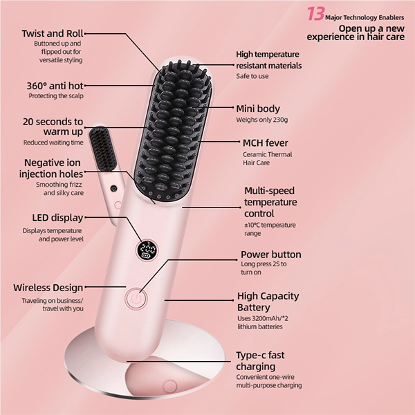 wireless hair straightening comb, negative ion hair care, portable straightener brush for frizz free hair