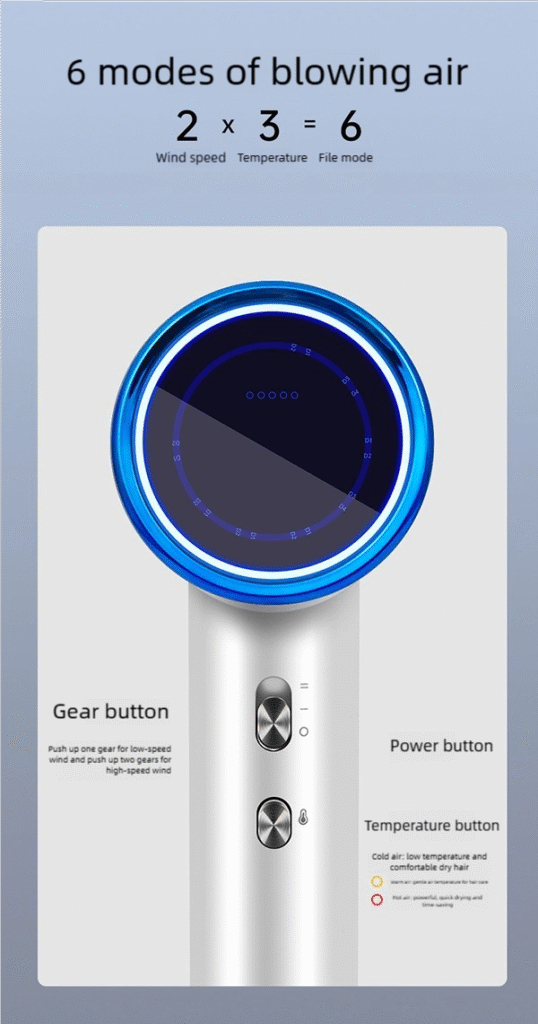 high speed hair dryer – 110,000 rpm brushless motor, 200m ions & smart led display