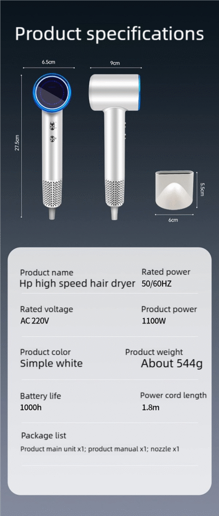 high speed hair dryer – 110,000 rpm brushless motor, 200m ions & smart led display